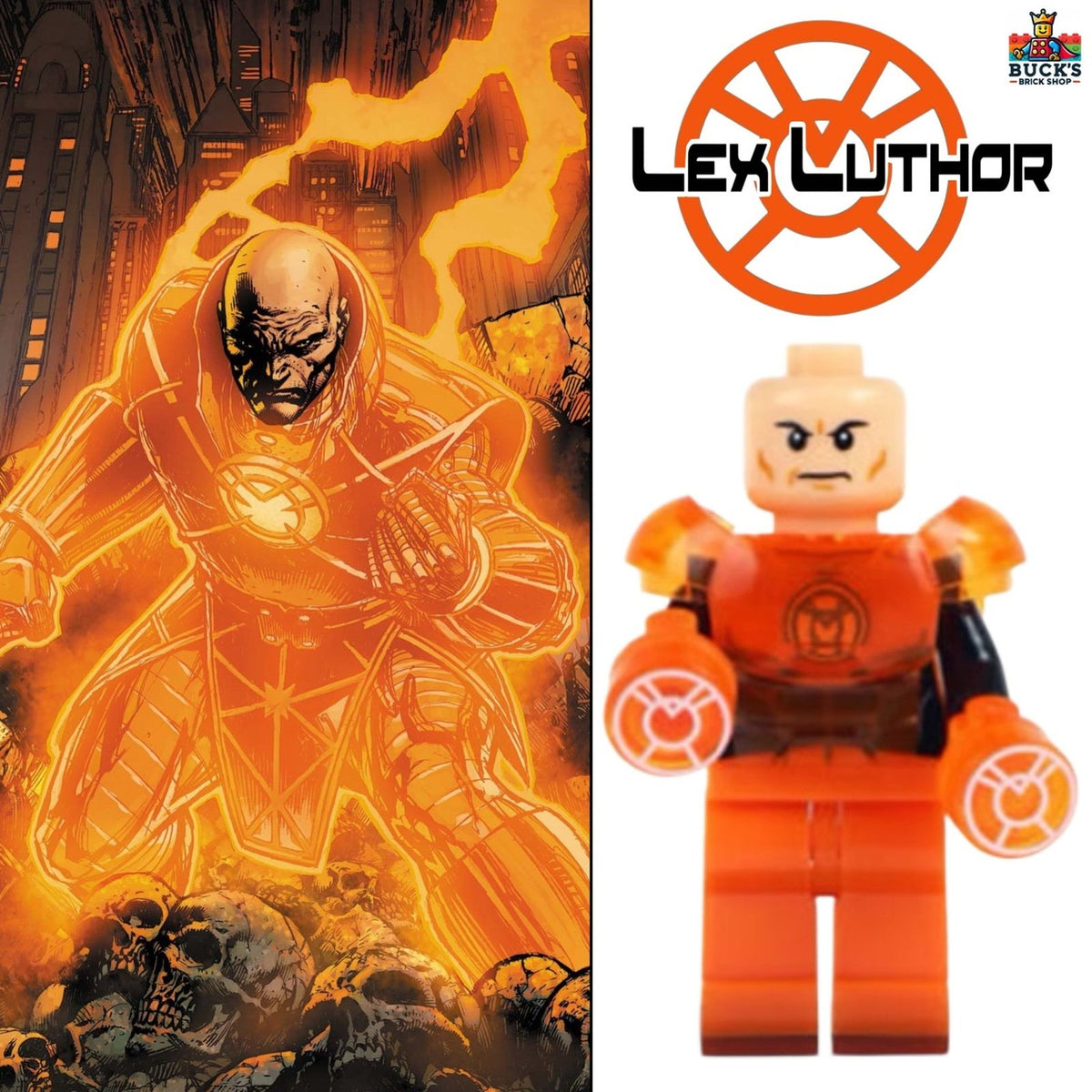 Orange Lantern Lex Luthor Minifigure - Lego Compatible - Custom Detective Collection Minifig