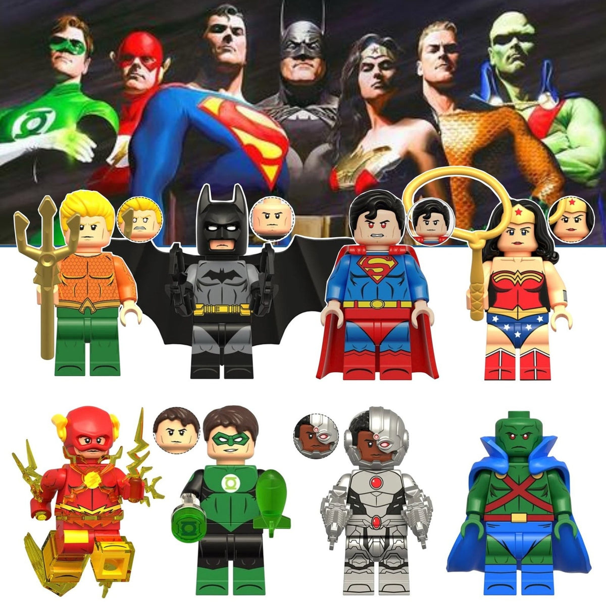 NEW - Justice League Minifigures BUNDLE - 8 Pack of Custom Detective Collection Superhero Minifigs
