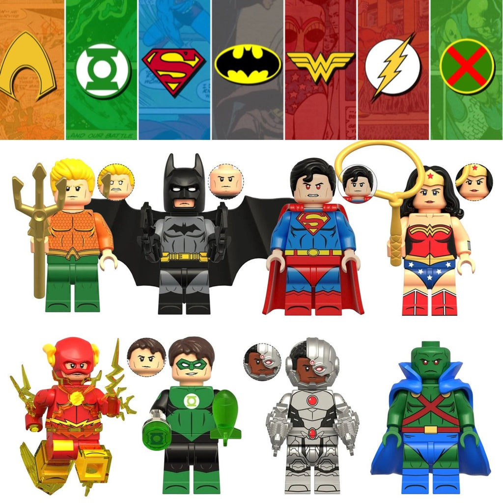 NEW - Justice League Minifigures BUNDLE - 8 Pack of Custom Detective Collection Superhero Minifigs
